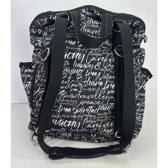 Sakroots Black Backpack White Script Print Convertible Travel Boho Bag Keychain - Picture 14 of 16